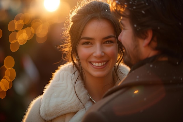 Donna gioiosa che sorride a un uomo alla luce del tramonto