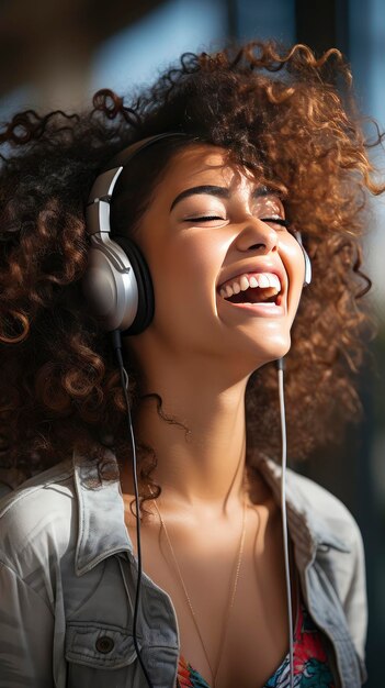 Donna gioiosa con i capelli ricci che si gode le cuffie musicali su un sorriso radioso