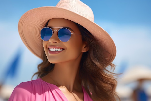 Donna gioiosa con un elegante cappello rosa