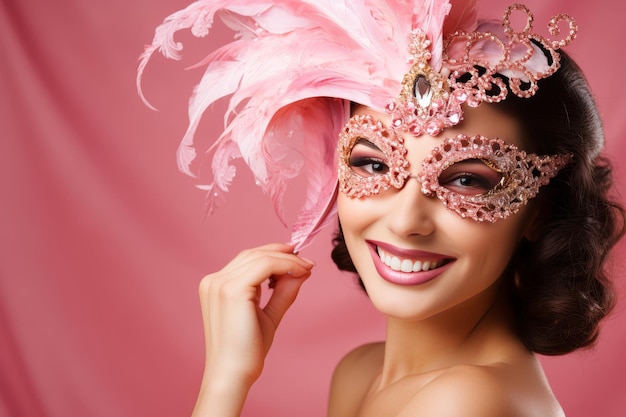 Donna gioiosa con un sorriso radioso con una maschera di carnevale veneziano su uno sfondo rosa