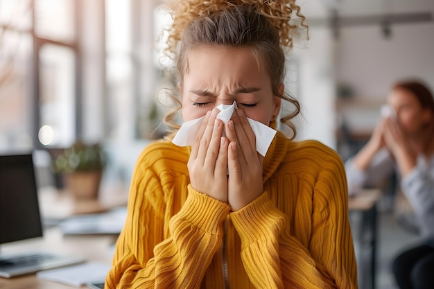 Donna giovane affetta da naso che scorre o da blocco nasale Paziente affetto da raffreddore o influenza con rinite