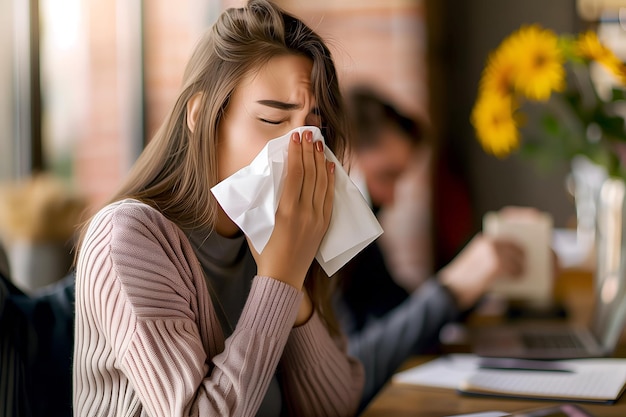 Donna giovane affetta da naso che scorre o da blocco nasale Paziente affetto da raffreddore o influenza con rinite