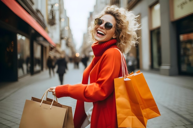 Donna giovane e allegra che si gode una giornata di shopping il venerdì nero di alta qualità