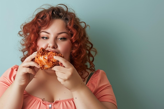 donna grassa che mangia pollo fritto