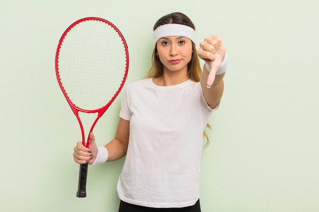 Donna graziosa asiatica che si sente crossshowing pollice verso il concetto di tennis