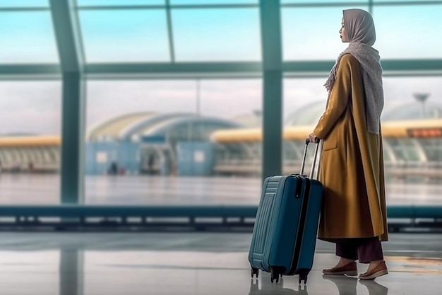 Donna hijabi che viaggia con la valigia IA generativa