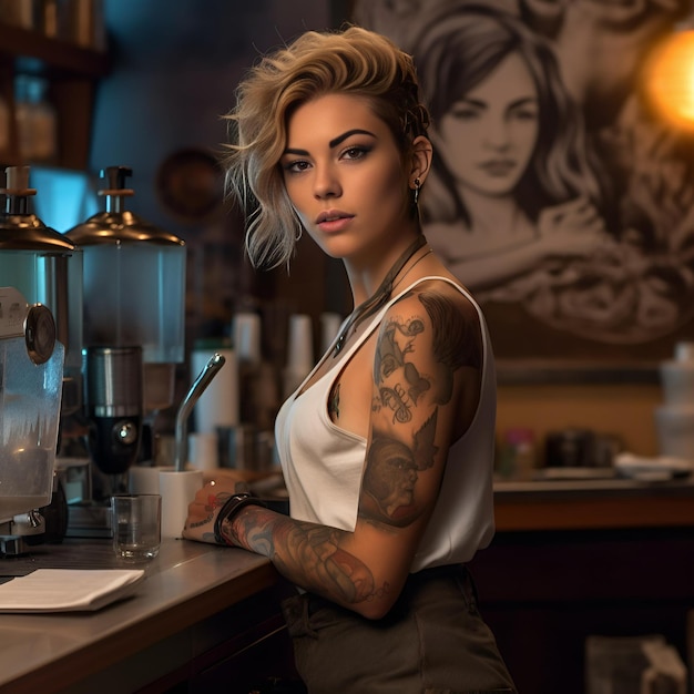 Donna hipster barista professionista che prepara il caffè al contatore AI generativo