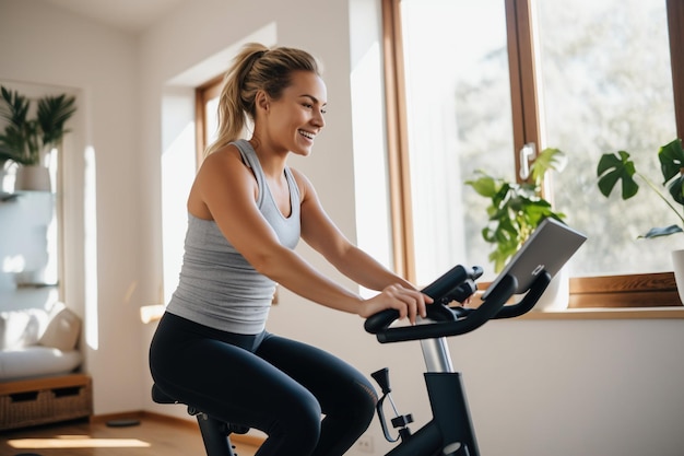 Donna impegnata in una lezione di fitness online con una cyclette