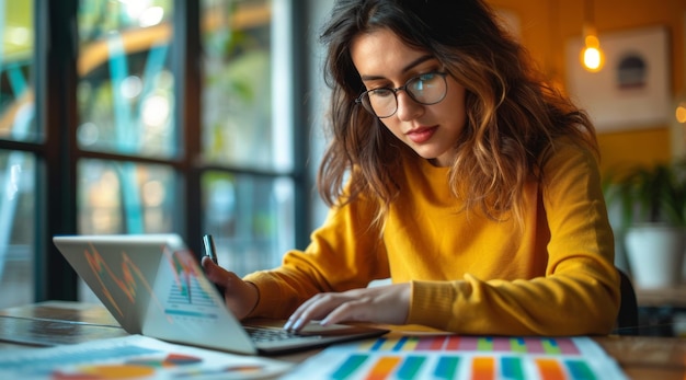 Donna impegnata nell'analisi dei dati finanziari nello spazio di lavoro