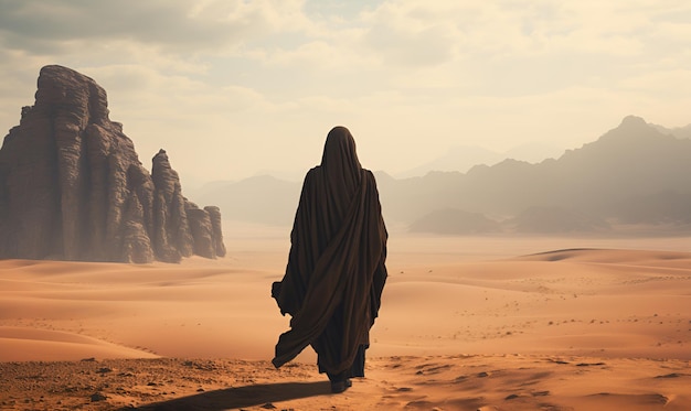 donna in abaya nero che cammina nel deserto arido ai design generativo
