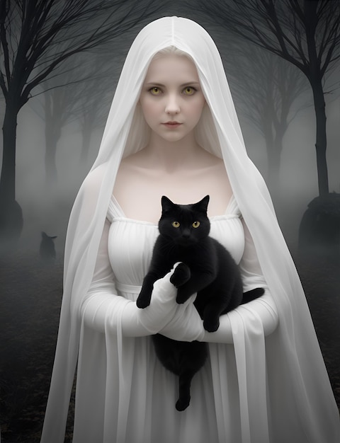 donna in abito bianco e zucca di halloween al buio 03
