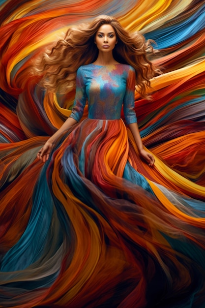 Donna in abito colorato con capelli lunghi e abito fluente AI generativa