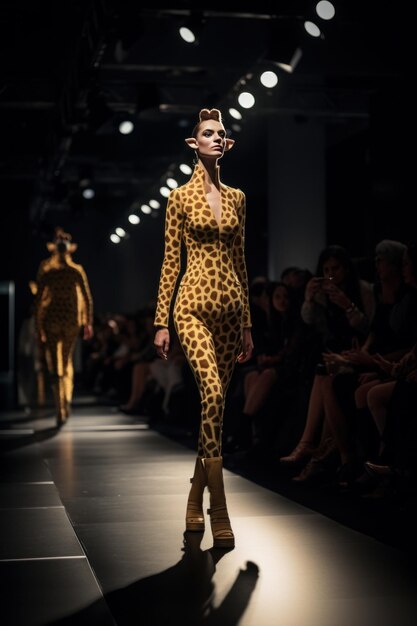 Donna in abito da giraffa che cammina sul palco nella sfilata di moda IA generativa