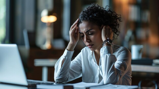 Donna in abito da lavoro che sembra stressata o stanca seduta davanti al suo portatile