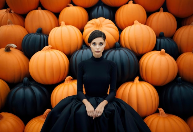 Donna in abito nero con zucche nere e arancioni sullo sfondo Sfondo di moda autunnale