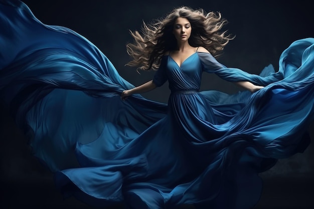 Donna in abito ondulato blu con tessuto volante