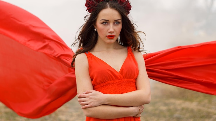 Foto donna in abito rosso che guarda lontano contro il cielo
