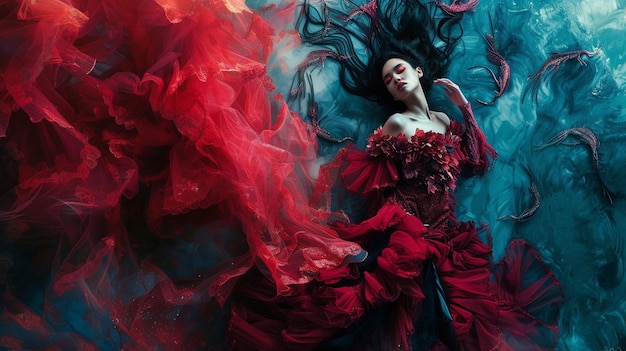 Donna in abito rosso che posa un concetto di fotografia di moda surreale