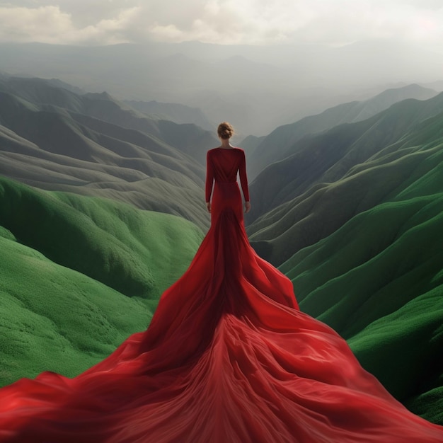 Donna in abito rosso su sfondo verde montagne 3D rendering