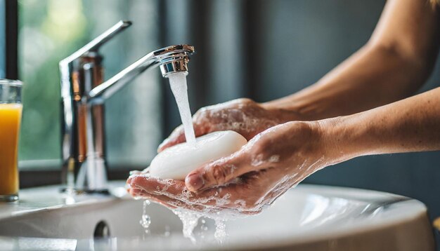 donna in bagno che pulisce le mani con il sapone raffigurando l'igiene, la pulizia e la salute