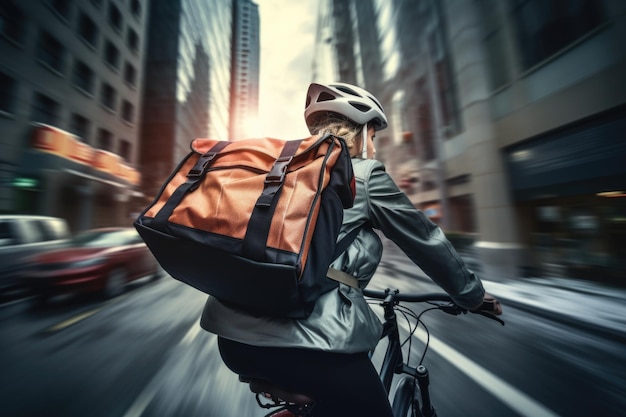 Donna in bicicletta che consegna cibo contro il paesaggio cittadino dei grattacieli