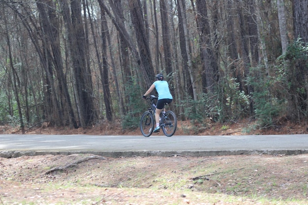 Donna in bicicletta sulla strada contro gli alberi