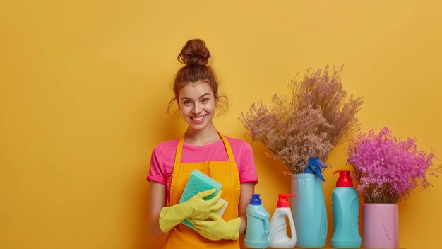 Donna in camicia gialla con una bottiglia di spray