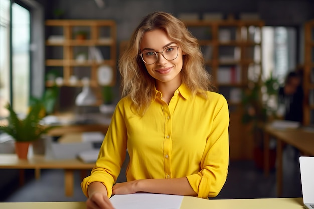 Donna in camicia gialla e occhiali seduta a tavola con un libro AI generativa