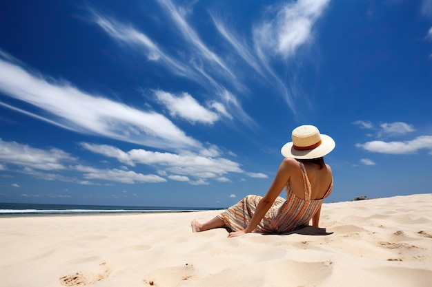 Donna in cappello di paglia seduta sulle dune di sabbia contro il cielo blu IA generativa