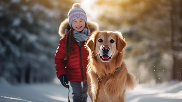 Donna in cappotto di pelle di pecora e cappello con cane golden retriever nella foresta innevata in inverno