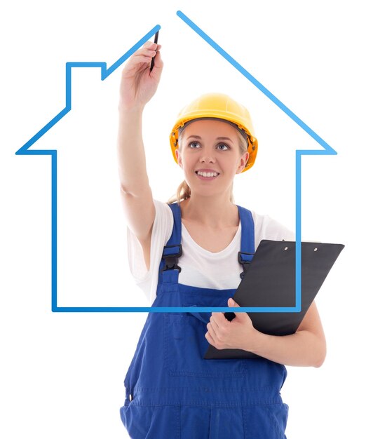 Donna in casa blu del disegno dell'uniforme del costruttore isolata su fondo bianco