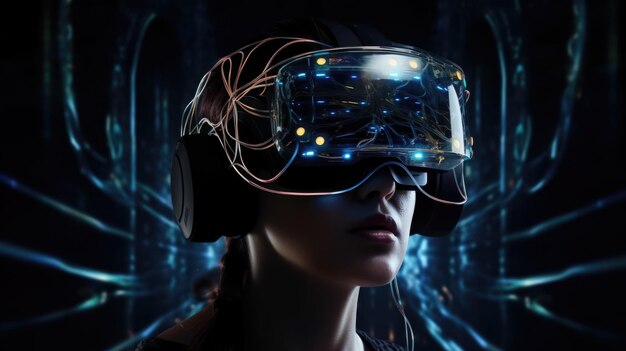 donna in casco VR sullo sfondo della realtà virtuale tecnologie future attacchi informatici IA generativa