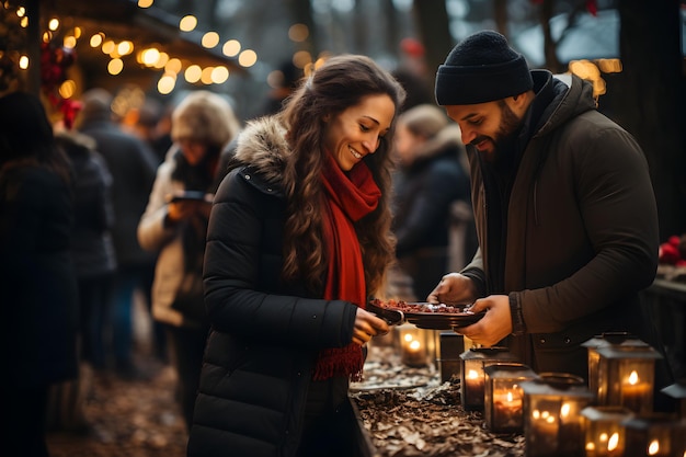 Donna in cerca di regali per Natale in un mercato all'aperto festivo che cattura l'atmosfera festosa dello shopping natalizio