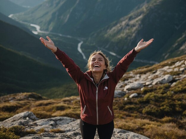 donna in cima a una montagna con le braccia aperte