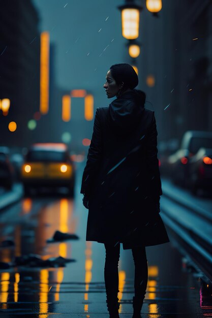 Donna in città di notte con la pioggia IA generativa