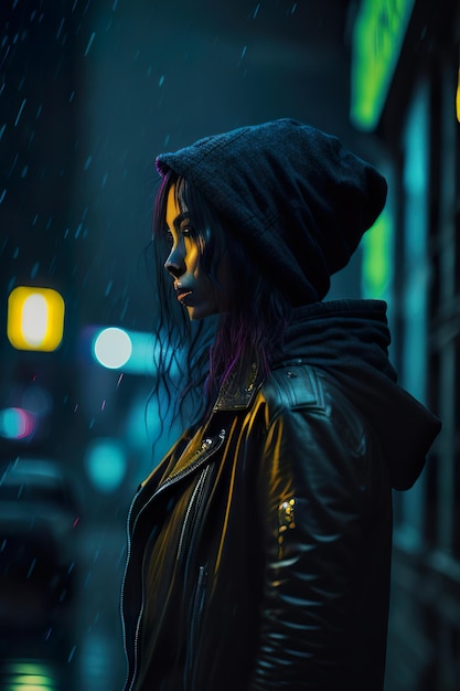 Donna in città di notte con la pioggia IA generativa