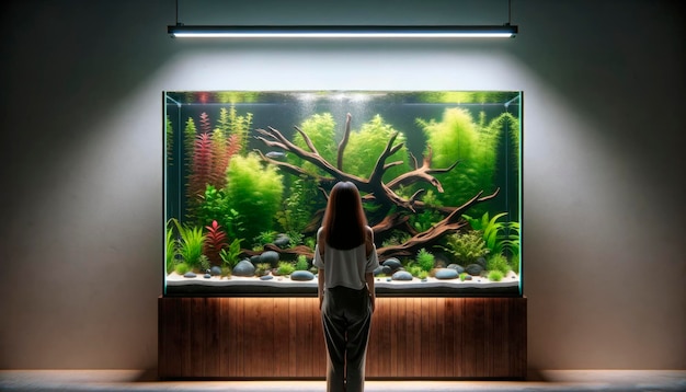 Donna in contemplazione davanti a un vivace acquario domestico