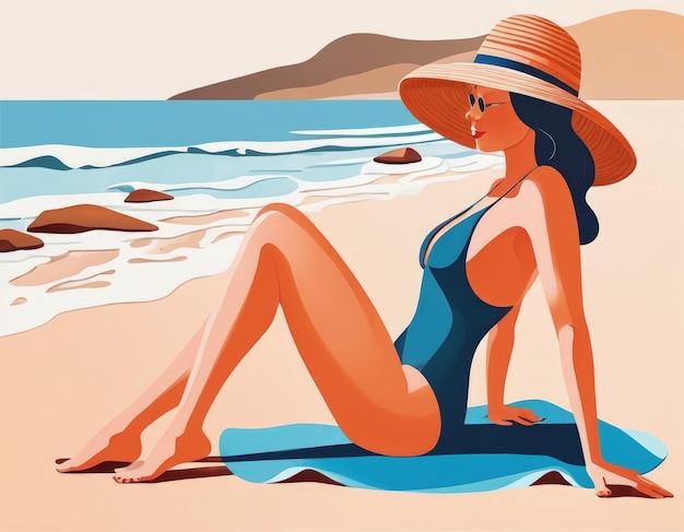 Donna in costume da bagno e cappello sulla spiaggia Illustrazione vettoriale ai generative