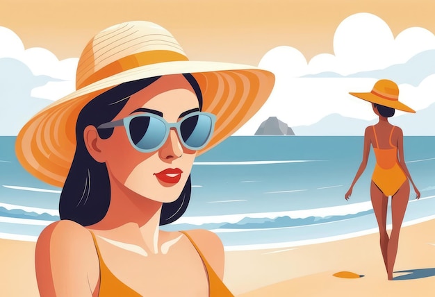 Donna in costume da bagno e cappello sulla spiaggia Illustrazione vettoriale ai generative
