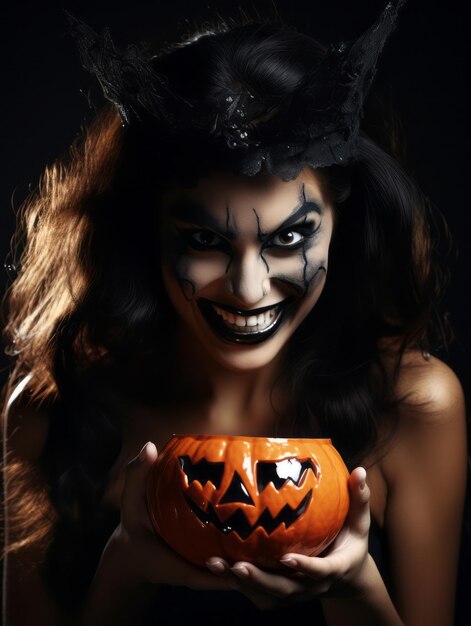 Donna in costume di Halloween con in mano una ciotola di caramelle con un sorriso malizioso