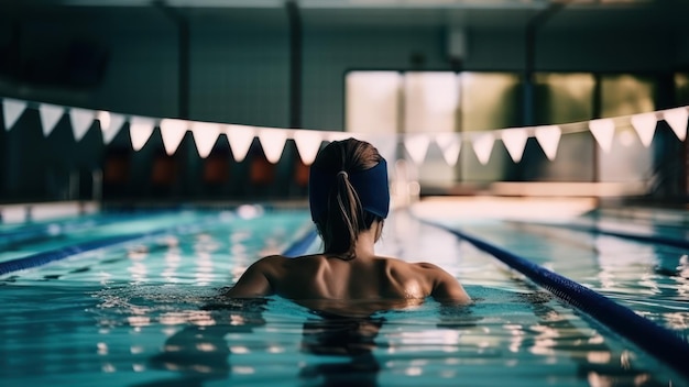 Donna in cuffia sport nuoto in piscina vista posteriore ai generativa