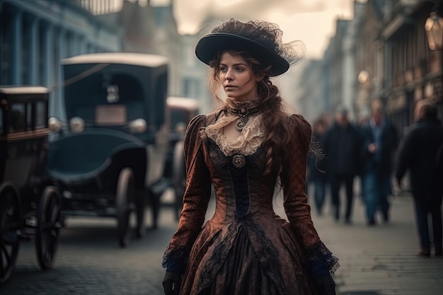 Donna in elegante abito vittoriano e cappello che cammina per le strade di Londra AI generato