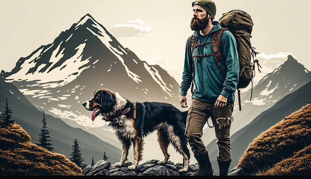 Donna in escursione con il cane in montagna AI generativa