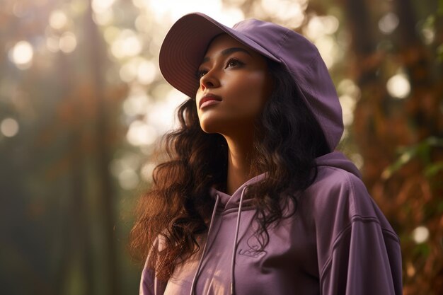 Donna in felpa con cappuccio e cappello viola