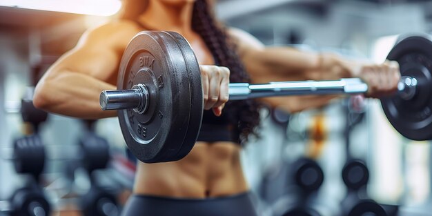 Donna in forma che fa sollevamenti anteriori con la barra in palestra