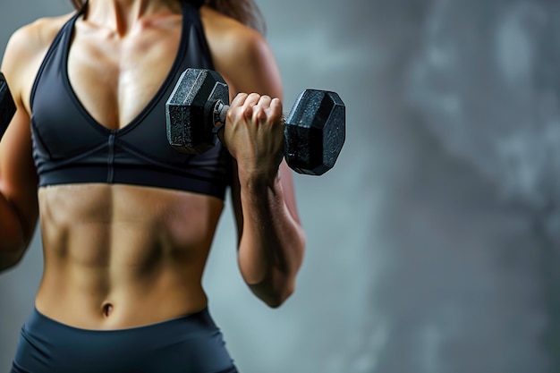 Donna in forma concentrata che si allena con i manubri sullo sfondo di cemento