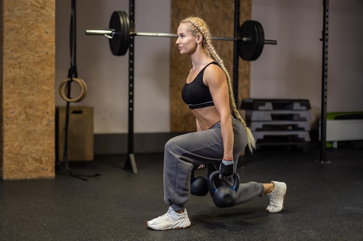 Foto donna in forma in abbigliamento sportivo che fa affondi con un kettlebell nelle sue mani in palestra allenamento funzionale