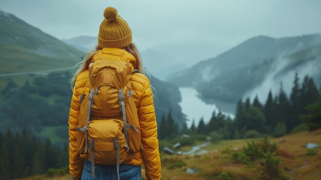 Donna in giacca gialla con cappello e zaino che viaggia attraverso le montagne