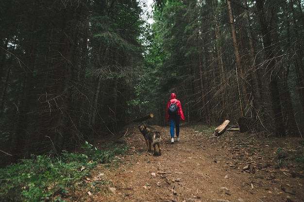 Donna in giacca rossa e con due cani si trova nella foresta Ragazza che fa un'escursione con i cani con le guide salire