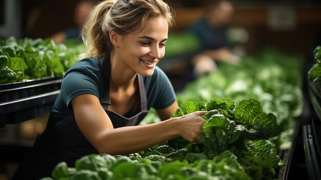 donna in grembiule che tiene un cesto con verdure verdi fresche alla serra